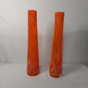 2 Orange Swirl 15" Glass Vases Decorative Art Cylindrical Handblown‎ Unmarked